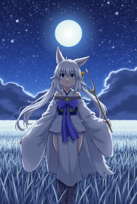 Fate,fate extra ccc,fate grand order,night sky, full moon, Japanese silver grass field, Look up at the sky in the upper left corner, upper body, just doesn't matter,  kimono, High,  blue bow ,  kimono,  very long hair , ((Trident, thick,  fox tail )),  wid...