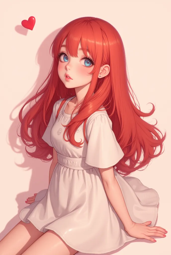 The picture features a cute with a shadow in the back wearing a dress with long shiny red hair and bright blue eyes in anime style with a happy expression on her face. The background is a steady light pink color. above the girl there is a small red heart, ...