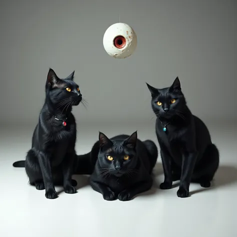 there are three black cats sitting on a white surface, A pastry by Nándor Katona, tumblr, Gothic art,  demon cat , black cats,  the black cat god , ((((Hidden art)))), Hecate, scary art, scary art, scary image, surreal horror art ,  with multiple eyes , tw...