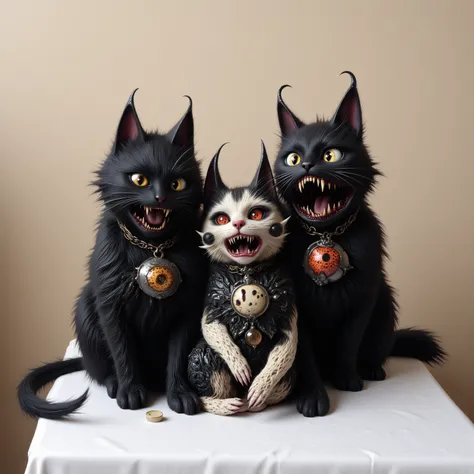 there are three black cats sitting on a white surface, A pastry by Nándor Katona, tumblr, Gothic art,  demon cat , black cats,  the black cat god , ((((Hidden art)))), Hecate, scary art, scary art, scary image, surreal horror art ,  with multiple eyes , tw...