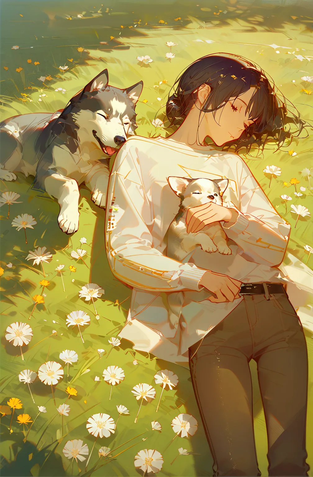 ((masterpiece), (best quality), (8k), (4k), (Solo), ((boy), (sleeping), (dark blue hair with red stripes)), ((Light blue shirt with long sleeve), (short pale brown pants with pocket)), lay down on the field, ((white puppy sleeping next to the boy), (siberi...