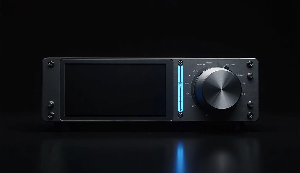 Minimalist audio interface device viewed from slight elevated angle on absolute black background, 16:9 format. Clean design with empty black display panel on left side (COMPLETELY BLANK - no visualizer, no waveforms, no audio bars). Right side features ele...