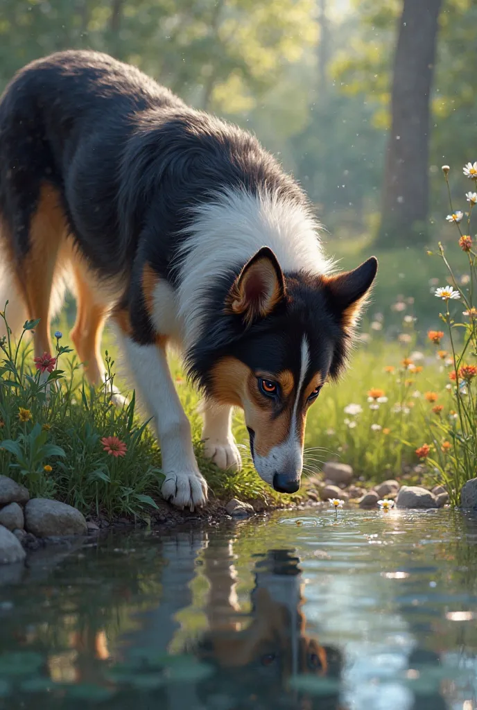 Tricolour collie sniffing near a pond. Il rêve de fromage 