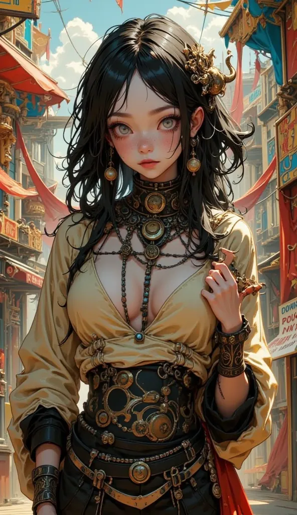    Tim Burton Style、suspicious fortune teller girl、cleavage、 dynamic composition、Lively circus decorations、