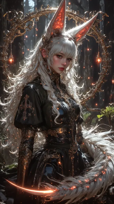 A girl in a mysterious costume，Fox-like ears and tail，Bright iridescent feathers，Subtle whites、Red and silver tones，Fox-like eyes，Full Face ，Enchanted forest with mystery，With shining plants and real colors，Mesmerizing dazzling light，Intricate and vivid be...