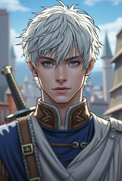 A young, very handsome, tall guy with the appearance of Gojo Satoru, blue eyes and short silver hair. He is dressed in medieval clothes with elements of armor, and a sword hangs on his side. He stands tall in the middle of the medieval city on a bright sun...