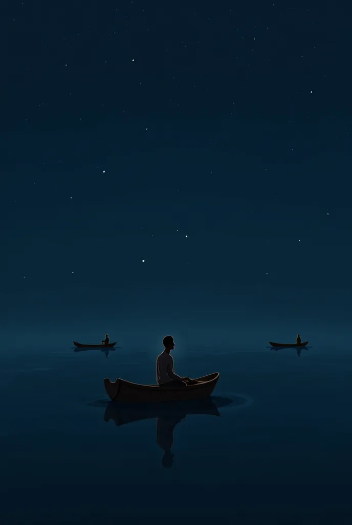 A man sitting on a desk boat with two men on a moonlit night