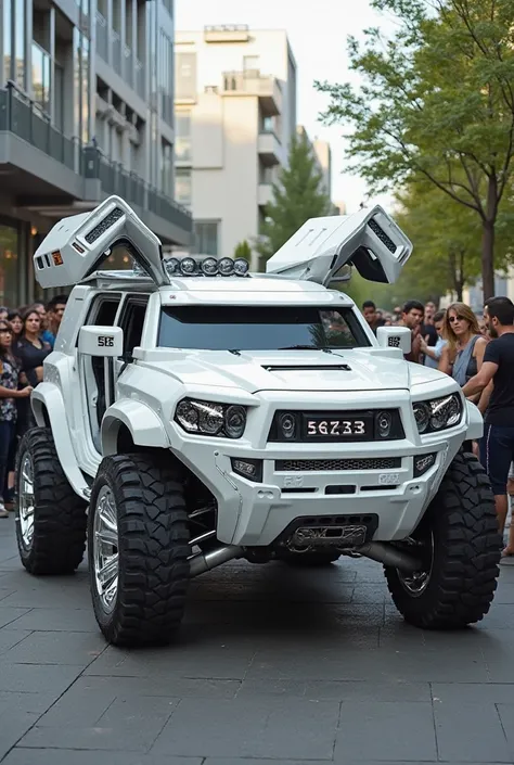 A futuristic, heavily modified white Hummer SUV with an aggressive, armored design. The vehicle has large chrome wheels, an aerodynamic body kit, and gullwing doors open upwards. The front grille is bold and modern, with sharp LED headlights. The car is pa...