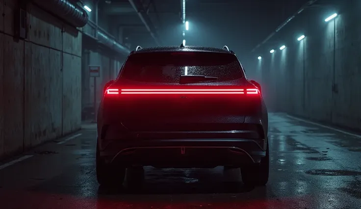 A 4K ultra-realistic image of the 2025 Ford Capri SUV, captured from the rear view, parked in a dark, atmospheric location, possibly an underground garage or a dimly lit alleyway. The LED taillights glow vividly, forming a futuristic signature pattern that...