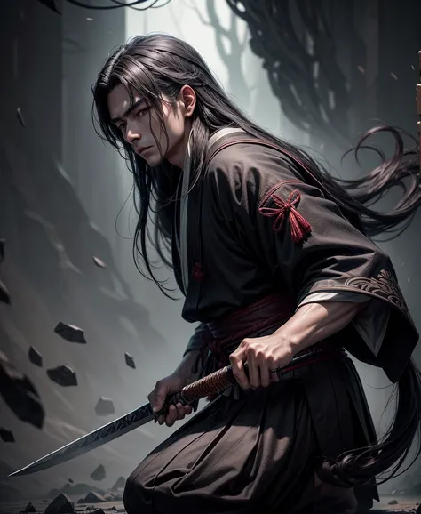 1 boy, solo, long hair, Japanese clothing, black clothing, samurai, wearing hakama, holding weapon, charming illustration portrait, digital art styledigital art, intricate details, 8K, photo-realistic, professional, masterpiece, ultra-detailed, studio ligh...