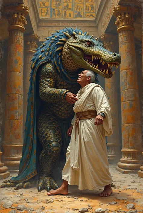 I want an image of Ammit, the Devourer of the Dead,  with a crocodile's head , lion's mane and hippopotamus body, devouring a man in the room of the two truths. Ammit must have a fierce expression and show his sharp teeth. The man, an old man in a white ro...