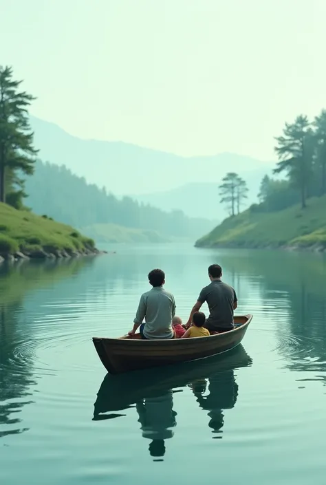 The lake sits on a boat with three people.