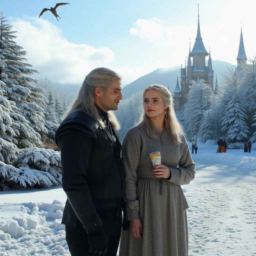 ( Masterpiece , high quality, high resolution, realistic photo,  photo ) Geralt and Freya, stand in the winter with Disneyland in the background,  Sunny, funny. with ice cream in hand, a big dragon flew over the castle!