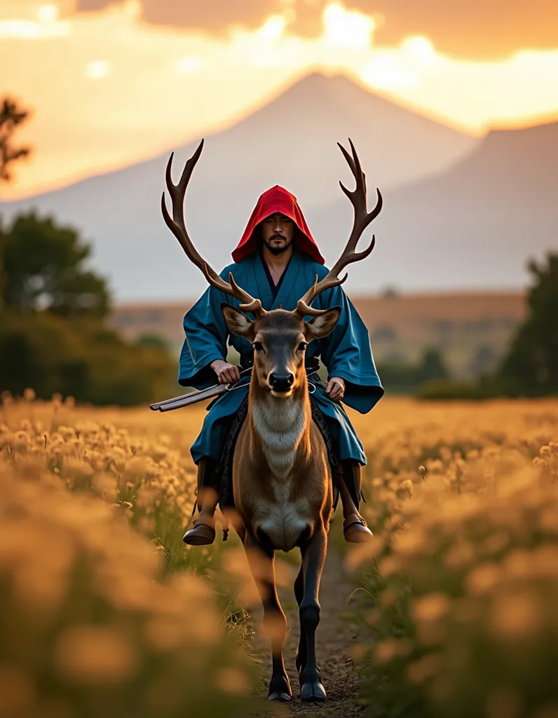 Golden Miscanthus meadow　A samurai wearing a red hood and a blue kimono rides a deer and runs through the prairie　can be seen in the background a mountain range　The period around dawn　background → blurred composition