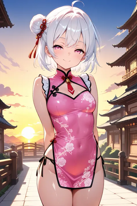 (masterpiece),(absurdres),(ultra detailed),(beautiful detailed),(mini china dress costume:0.9,Floral embroidery:1.2,casual fashion concept),(long shot,depth view),tie panties:0.9,smile,happy,sunset,half-closed eyes,(solo girl),(24-year-old),(white hair),(s...