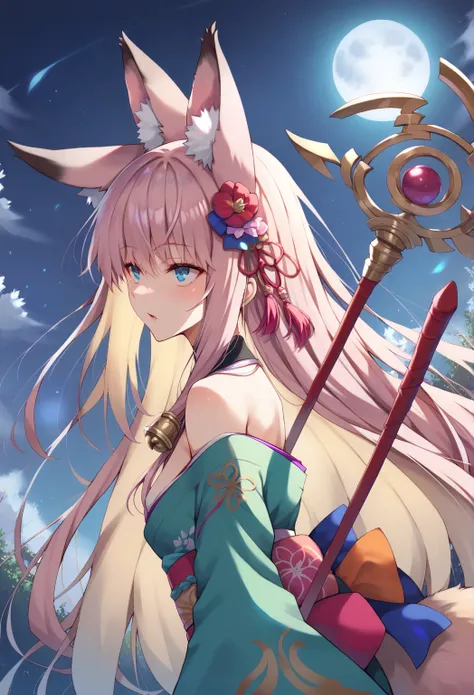 Fate grand order,night sky, full moon, Japanese silver grass field, Look up at the sky in the upper left corner, upper body, just doesn't matter,  kimono, High,  blue bow ,  green kimono, very long pink hair, ((Trident, thick,  fox tail )),  wide sleeves ,...