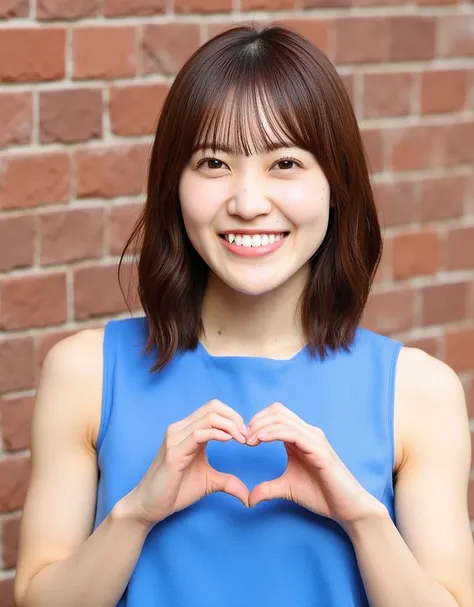 The image is a portrait of a young woman named Matsuri standing in front of a brick wall. She is wearing a blue sleeveless top and has shoulder-length brown hair with bangs. She has a big smile on her face and is making a heart shape with her hands. The wo...