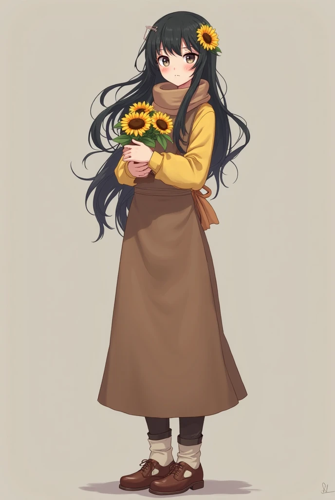 A tall beautiful girl with long black hair and a sunflower hairpin on her head, wearing a brown scarf around her neck and brown apron over a yellow long-sleeved shirt underneath her with brown pants and brown leather shoes, standing up straight with a smil...