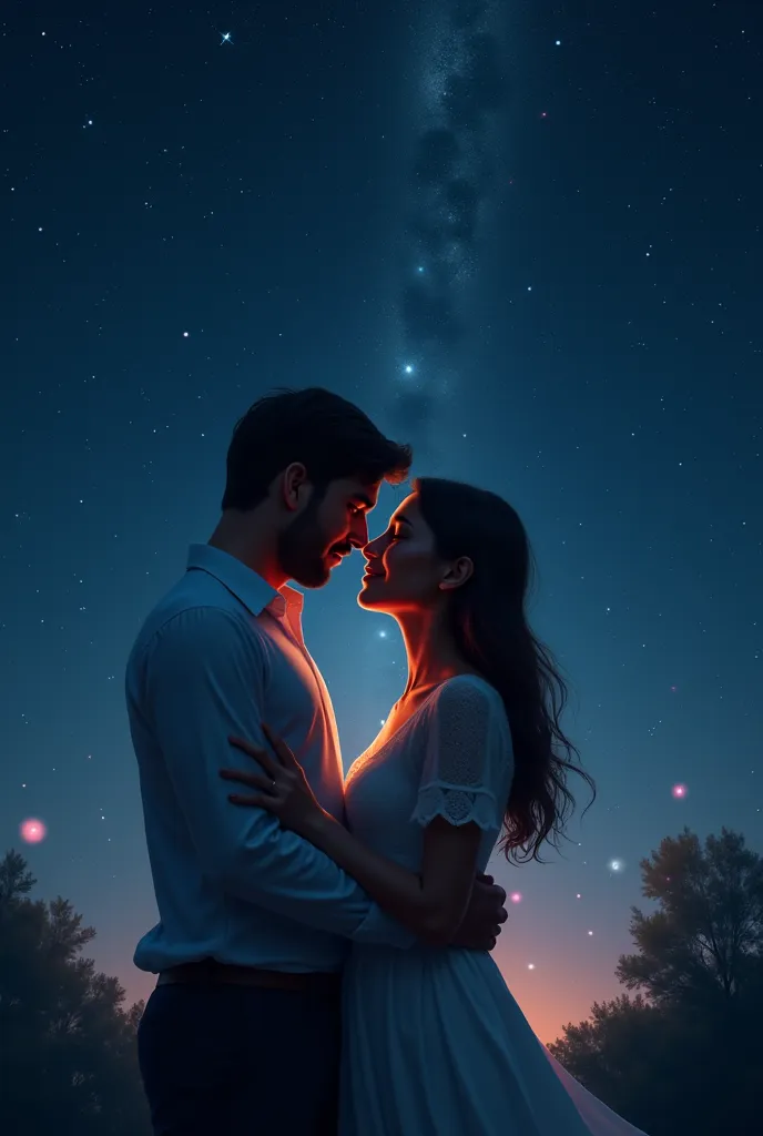 Husband and wife in romantic style, holding each other's hands, many stars twinkling in the dark sky in the background