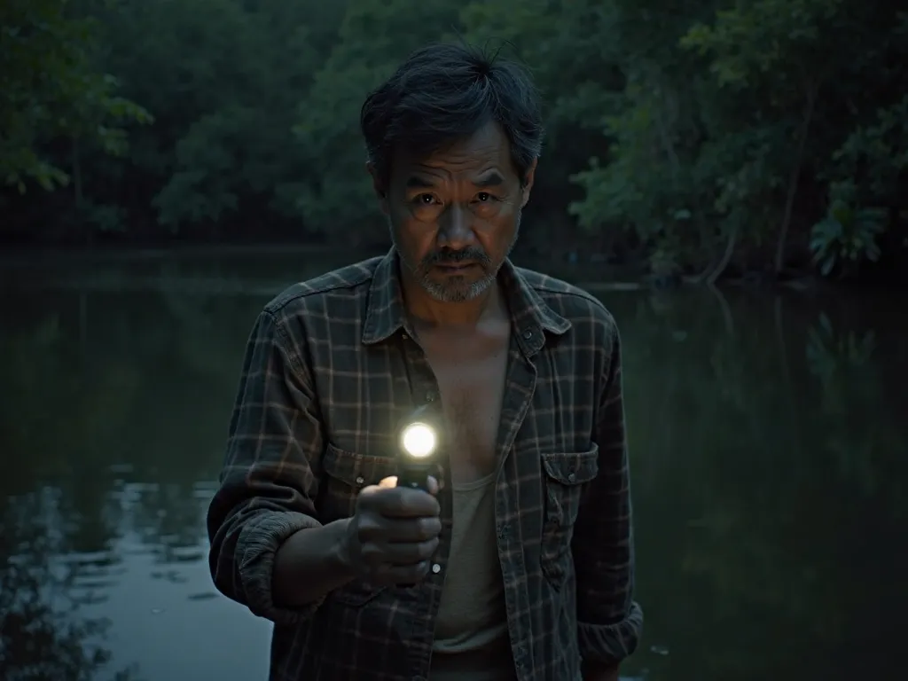 A middle-aged Thai man wearing a worn-out plaid shirt and holding a flashlight, walking cautiously along the edge of a dark swamp at night. His expression is confused and slightly worried. The dim glow of his flashlight flickers as he listens to an unknown...