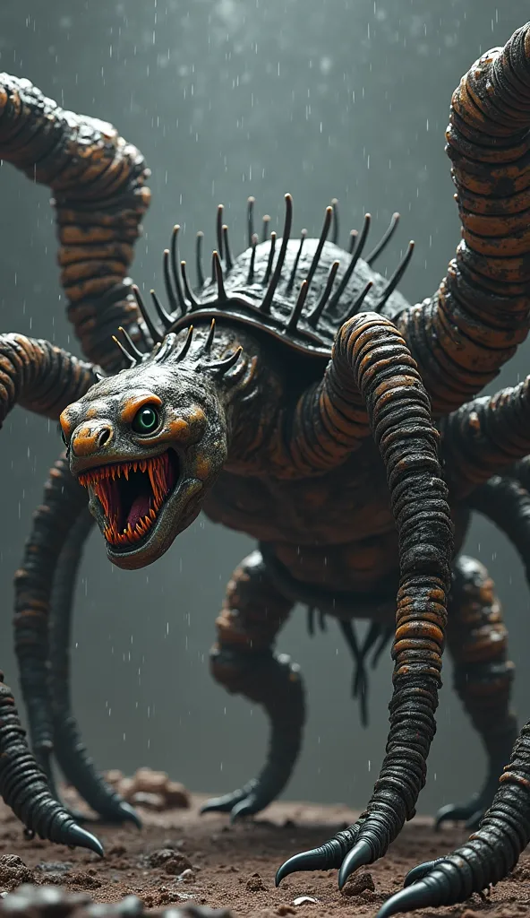 A terrifying monster Turtle Tarantula hybrid mutation aggressive moment dark background and realistic images 