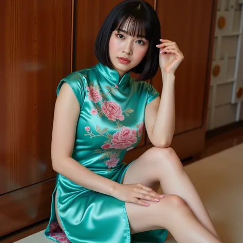 A beautiful young Japanese woman with bob black hair, wearing a traditional Chinese qipao dress made of shiny turquoise silk with intricate pink floral embroidery. The dress features a high collar, short sleeves, and a thigh-high slit on the side, revealin...