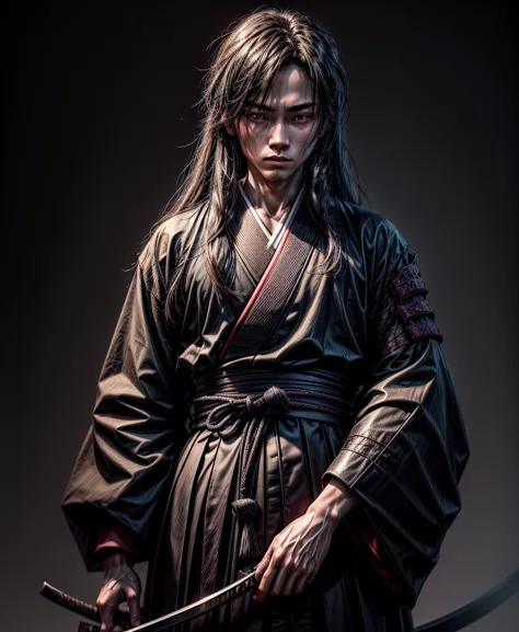 1 boy, solo, long hair, Japanese clothing, black clothing, samurai, wearing hakama, holding weapon, charming illustration portrait, digital art styledigital art, intricate details, 8K, photo-realistic, professional, masterpiece, ultra-detailed, studio ligh...