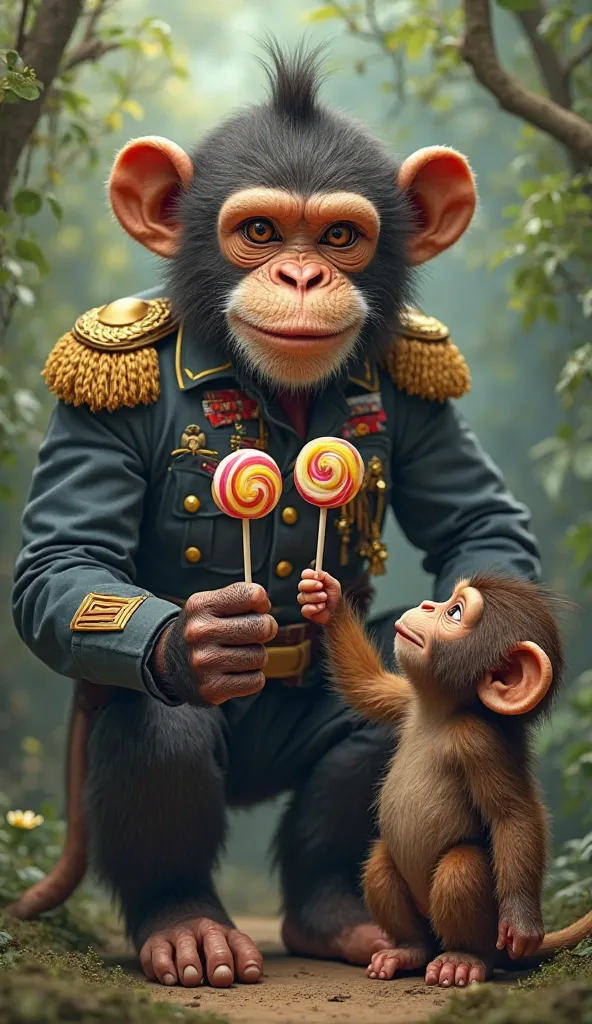 father monkey ( dressed soldier) holding 2 lollipops