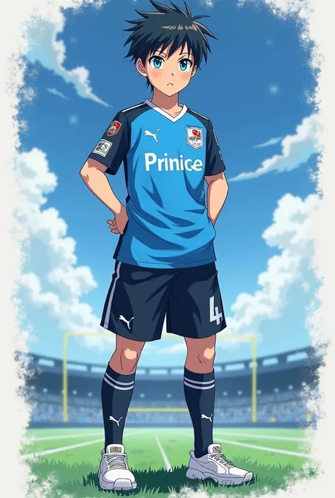 A anime boy he is wearing a blue puma jersey, black puma pant, and white puma shoes, his eyes are neon blue in colour, his background is ane world background, in his jersey a name 'Prince' is written and number '04' is written. 