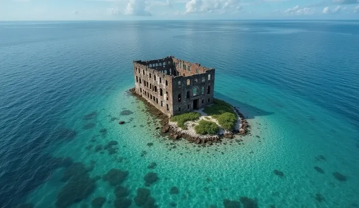 "A decayed, abandoned building stands alone in the middle of the ocean, slightly far from the viewer. The perspective is from a slightly high angle, as if captured by a drone. The vast ocean dominates the scene, with the building positioned centrally but a...