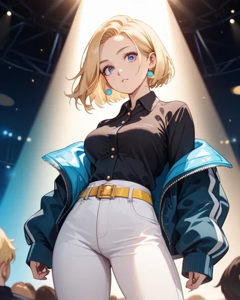 best quality,,1 woman,25 years old,athlete body,Very tall,(blonde hair:1.4),very short hair,bob cut,hair intakes,forehead,big eyes,medium breasts,,(Perfect jacket:1.2),collared jacket,(white pants:1.2),pants,Pearl Earrings,yellow belt,Concert hall, spotlig...