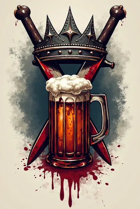 Design a logo with a 5-pointed crown, A bloody knife at the top, Crossed with a beer mug that spills.