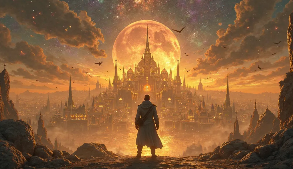 Give me a man standing in front of a beautiful golden cities with the golden night sky in the background 