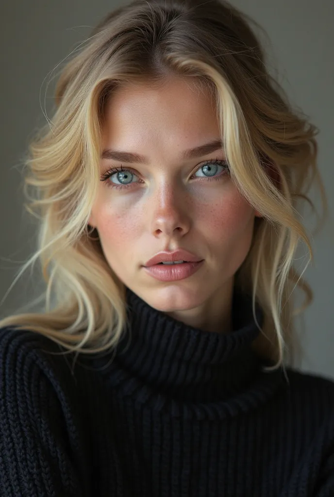 Beautiful girl with Italian features, blonde hair and blue eyes, wearing a black sweater, her features are close