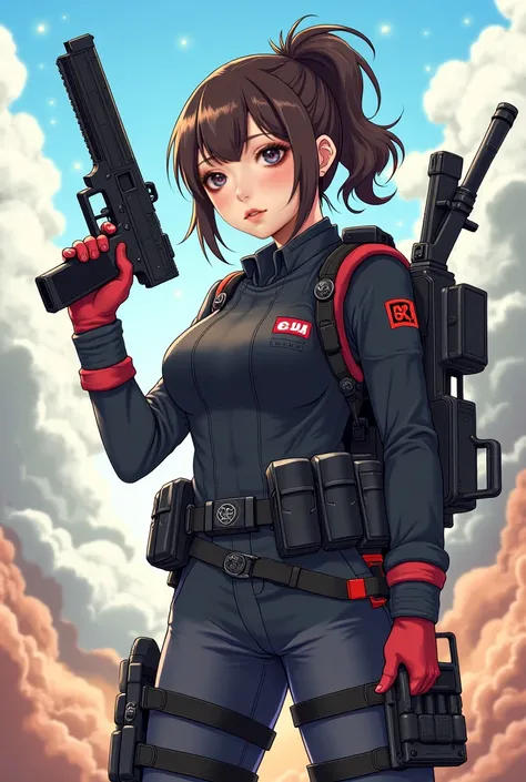 Adventurous girl holding a pistol and a machine gun with a basuga carried in the middle of her back. Anime-style image