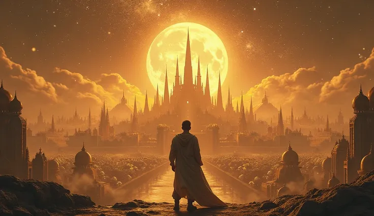 Give me a man standing in front of a beautiful golden cities with the golden night sky in the background 