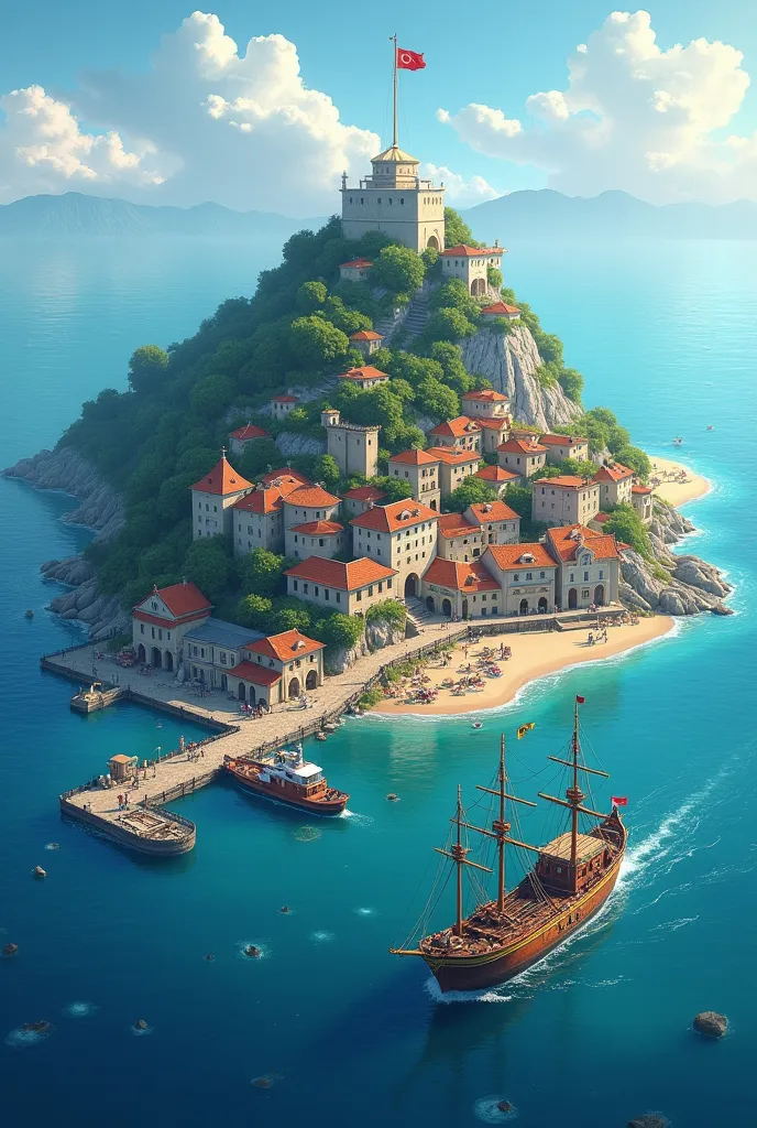 Draw me an island of medium size let it be a small town in it and have a small hill let it be a port let it be a ship with a Turkish flag approaching the port  