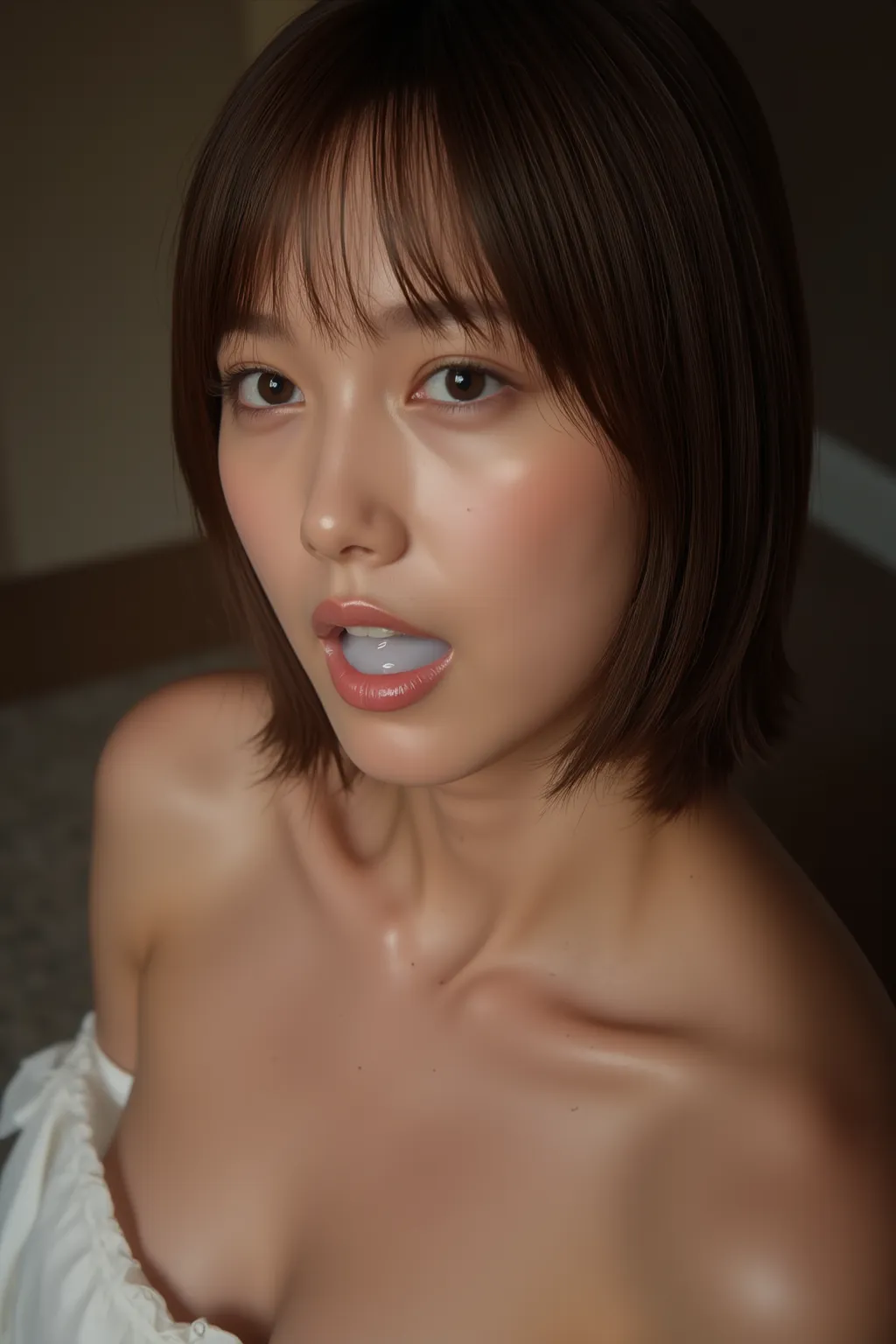  High Resolution Photos of Japanese Women , Photorealistic,  masterpiece, great quality,  Intricate Details ,   professional lighting, alone,1 horny girl with a light butt , detailed face, 魅惑的な顔, ( White semen in my mouth drips,   open your mouth  :1.4),  ...