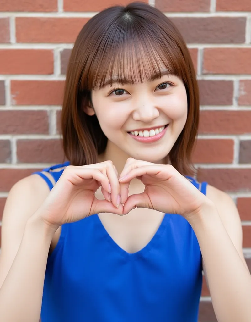 The image is a portrait of a young woman named Matsuri standing in front of a brick wall. She is wearing a blue sleeveless V-neck top and has shoulder-length brown hair with bangs. She has a big smile on her face and is making a heart shape with her hands....