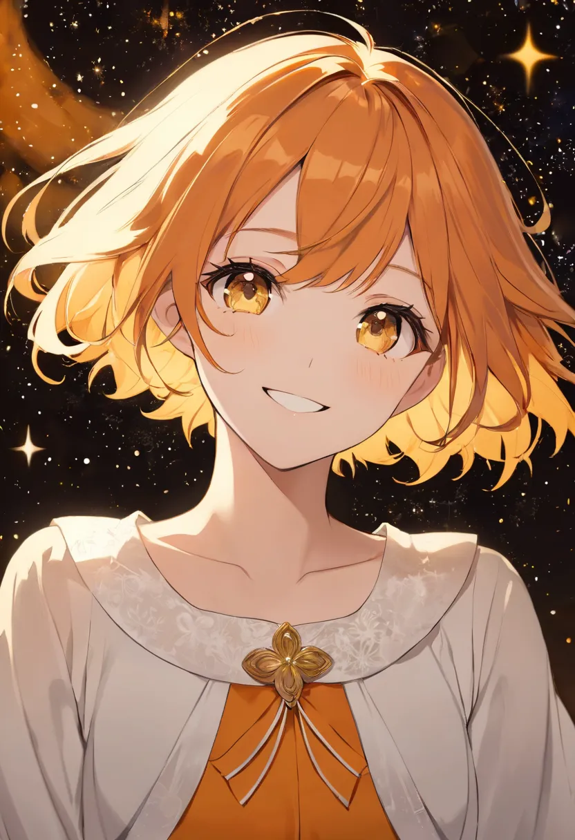  Adult Female,  short orange hair and yellow eyes、 face up、Fearless Smile、(underexposed European dress)、orange starry background