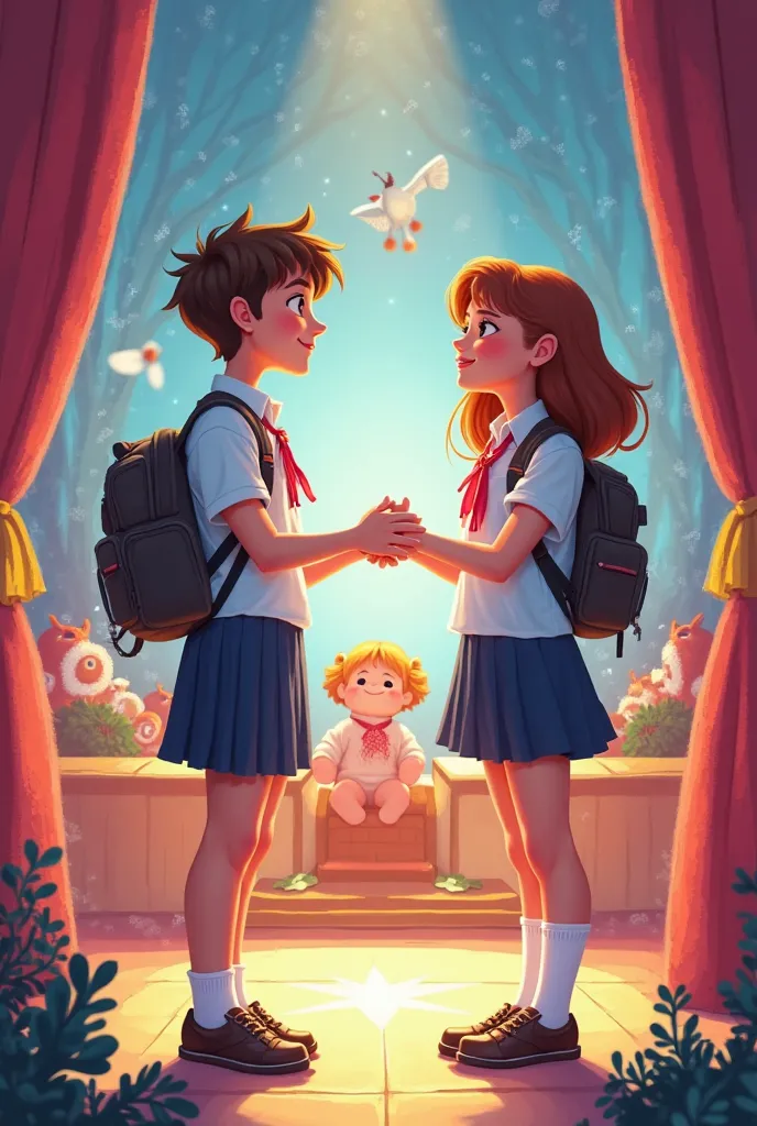  The offer of the two students in school uniforms was successful  ..  The scene in the school theater is a fictional cartoon