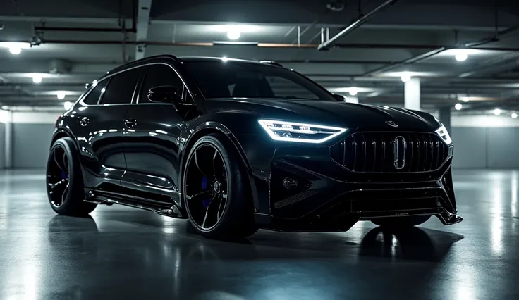 Prompt:
"A futuristic black luxury SUV with an aggressive, sporty design, featuring illuminated ney grilles, slim LED headlights, large black multi-spoke wheels, and a wide body kit. The vehicle has a sleek, glossy black finish with tinted windows, sharp a...