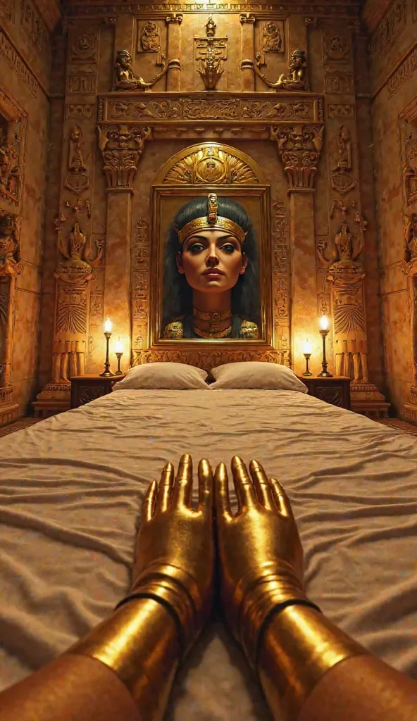 First-person perspective inside a grand royal chamber in Ancient New Kingdom of Egypt. The viewer sees their own golden hands resting on a luxurious bed with fine linen sheets. A golden mirror reflects the Pharaoh’s face, adorned with kohl-lined eyes. The ...