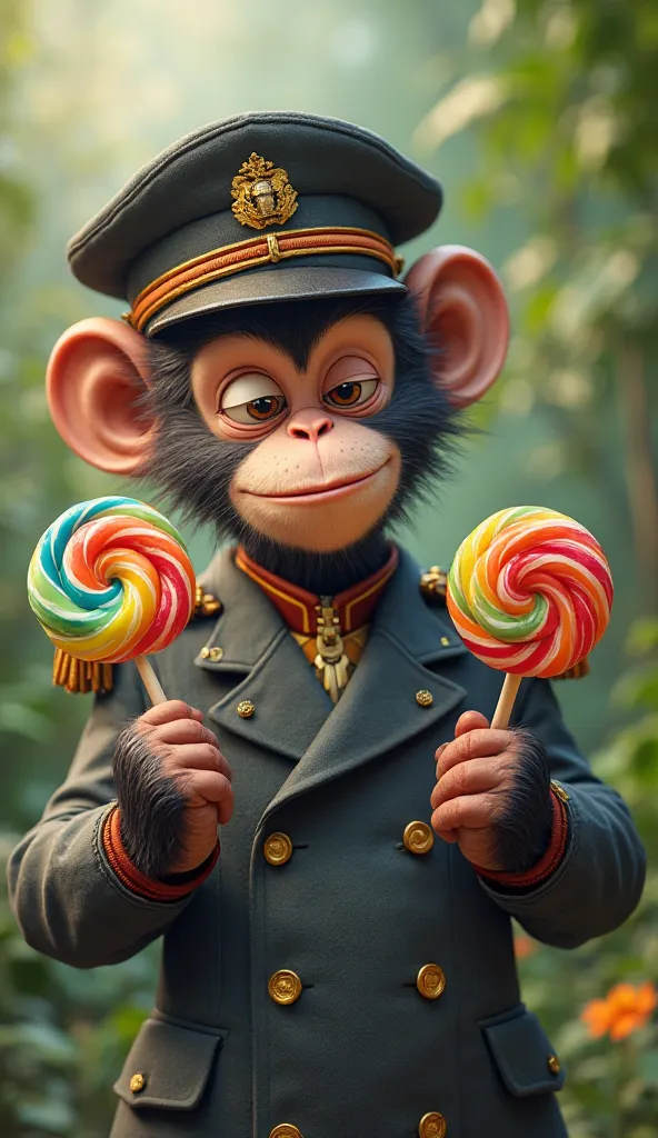  monkey ( dressed soldier) holding 2 lollipops