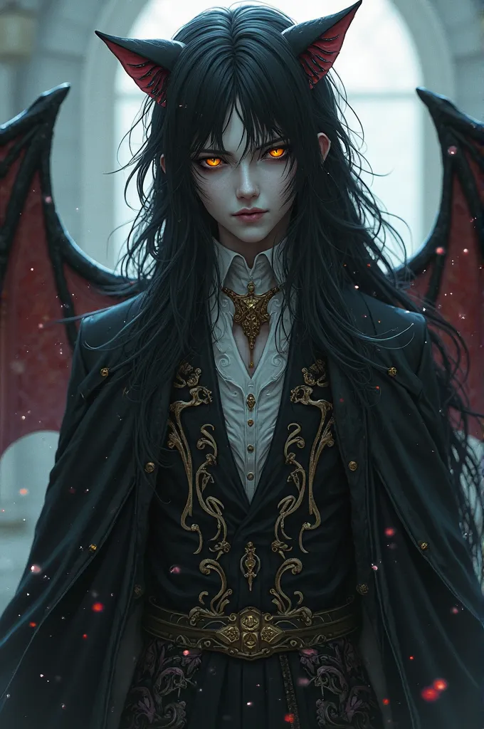 1boy, solo,male,demonic,Kuroshitsuji, pale, long black, hair carbonated, wearing aristocratic clothing, pointed ears, golden eyes cat pupils, bat wings.