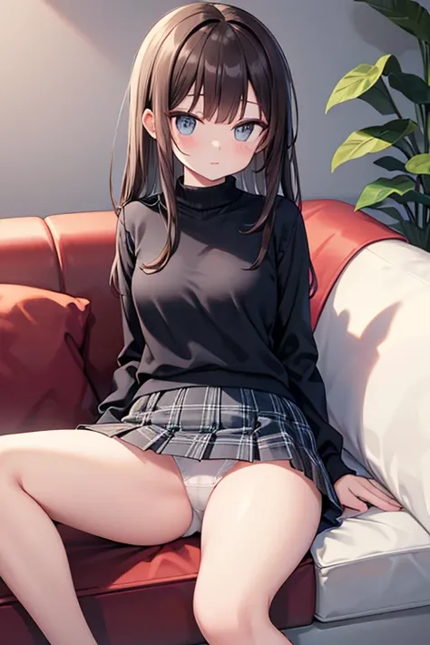  height 155 cm　 black and brown hair　Straight Hair　blue and white plaid clothes　black miniskirt　sitting on the couch　white panties visible
