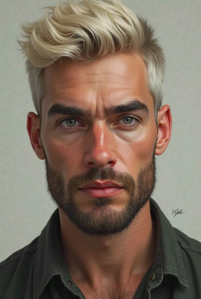  white man,  Short platinum blonde hair ,  slapped nose,  slightly marked jaw , reddish lips and somewhat thick,  gray eyes, somewhat thick eyebrows in a dark blonde shade