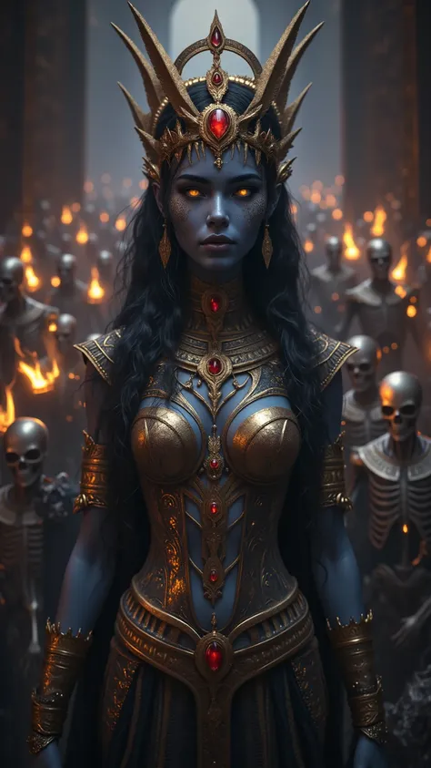 「She stands against the backdrop of a luxurious ancient Egyptian temple、The mysterious figure of a queen。The bluish skin is decorated with gold decorations、On her head she wears an elaborate crown with sparkling red jewels。Her long black hair is adorned wi...