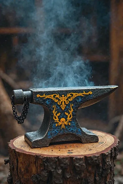 Blacksmith's anvil on a log, Ultra-enchanted and legendary with a design worthy of forging Thor's hammer, blue and yellow contracts, also with chains around and a hammer on one edge, It must also have old scriptures like about the yunke