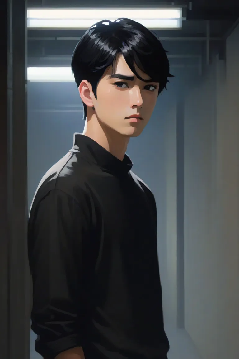 Make a male character have black hair and a black shirt,  with flat expression